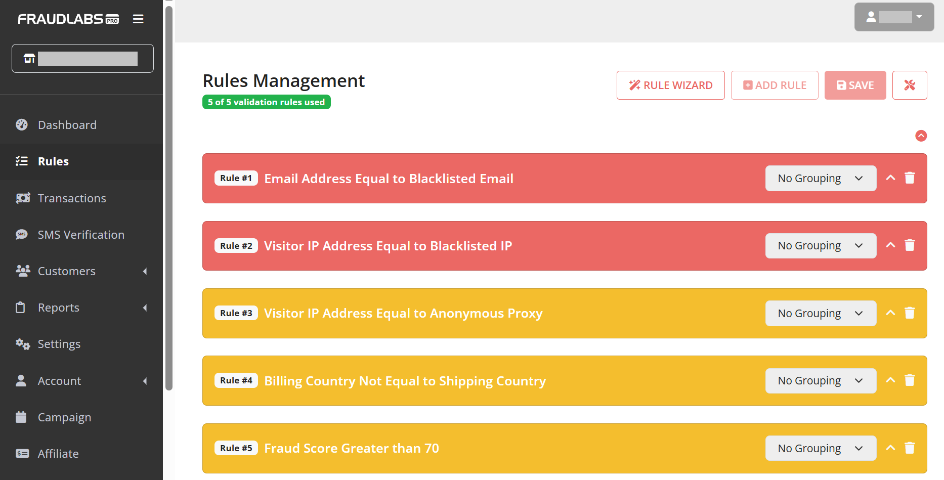 FraudLabs Pro Rules page