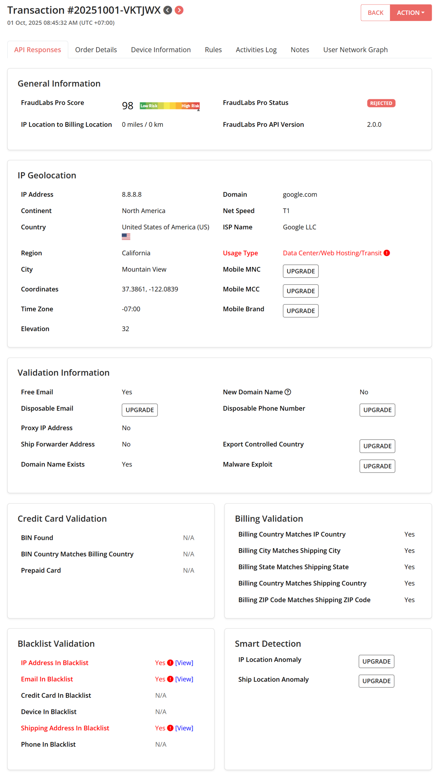 FraudLabs Pro Transaction Details Page