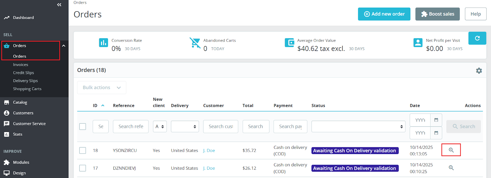 PrestaShop Orders Page