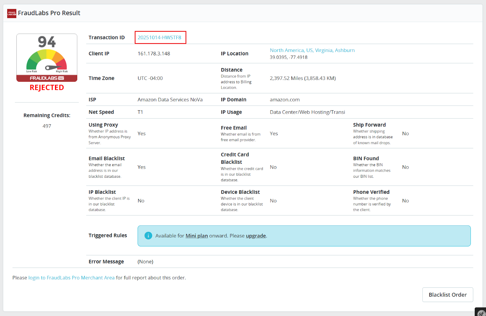 Transaction ID link of FraudLabs Pro Fraud Report on PrestaShop Order page