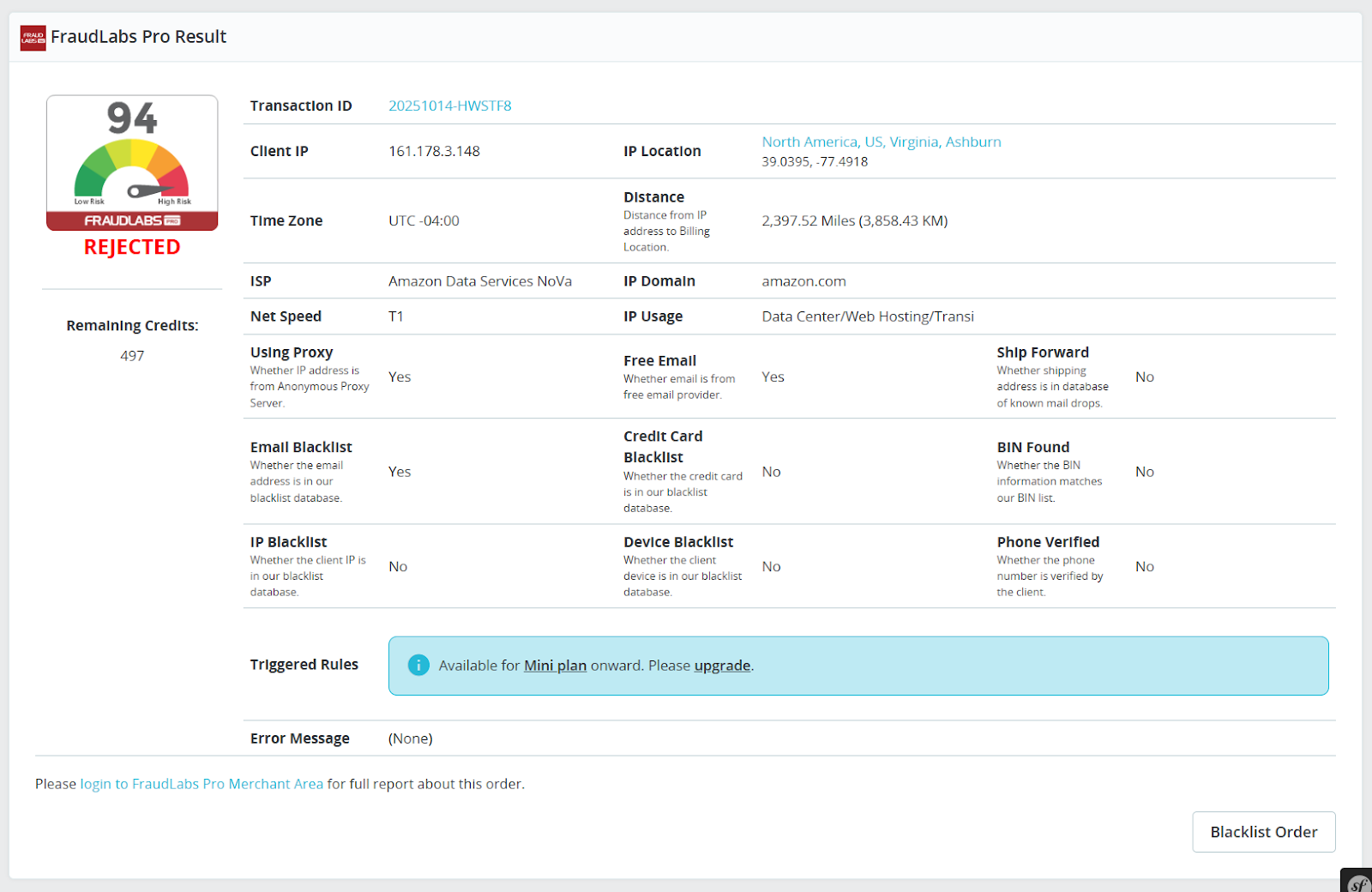 FraudLabs Pro Fraud Report on PrestaShop Order page