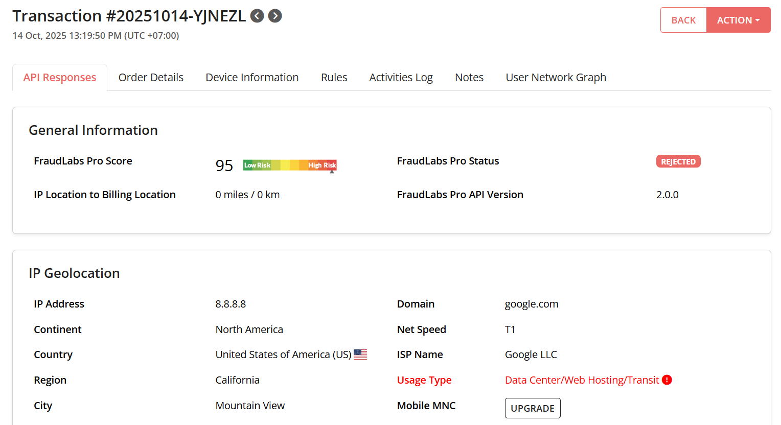 FraudLabs Pro Detailed Fraud Report