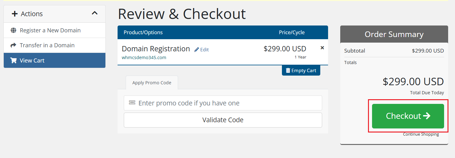 WHMCS checkout page