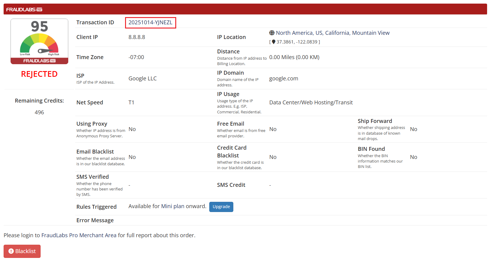 FraudLabs Pro Fraud Result on WHMCS Order Page
