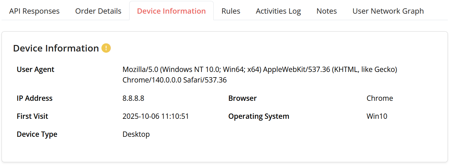 Example of Device Information warning in FraudLabs Pro Transaction Details page