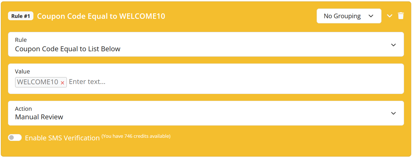 Coupon Code Validation Rule creation example