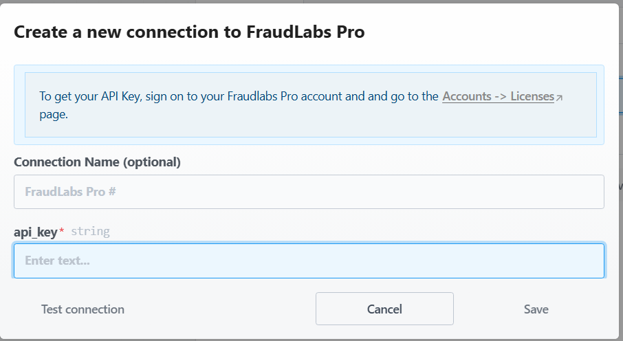 Screenshot of the configuration for FraudLabs Pro connection.