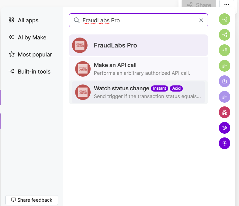 Screenshot of search FraudLabs Pro from the app list in a scenario.