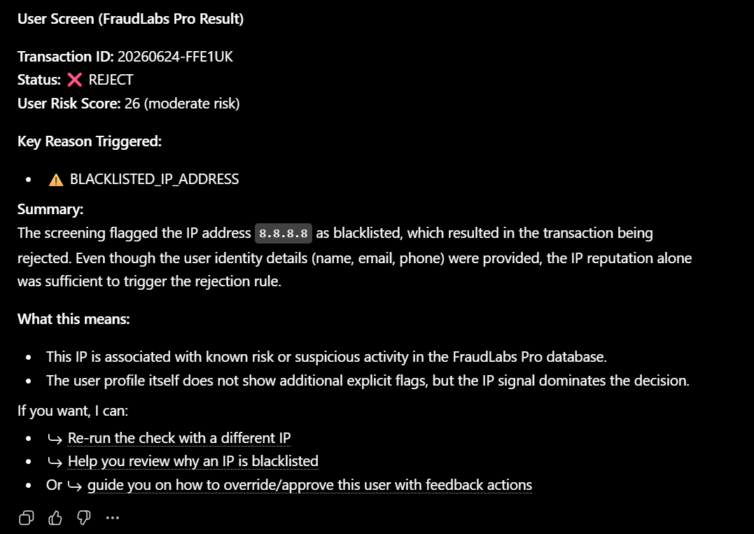 user transaction screening result