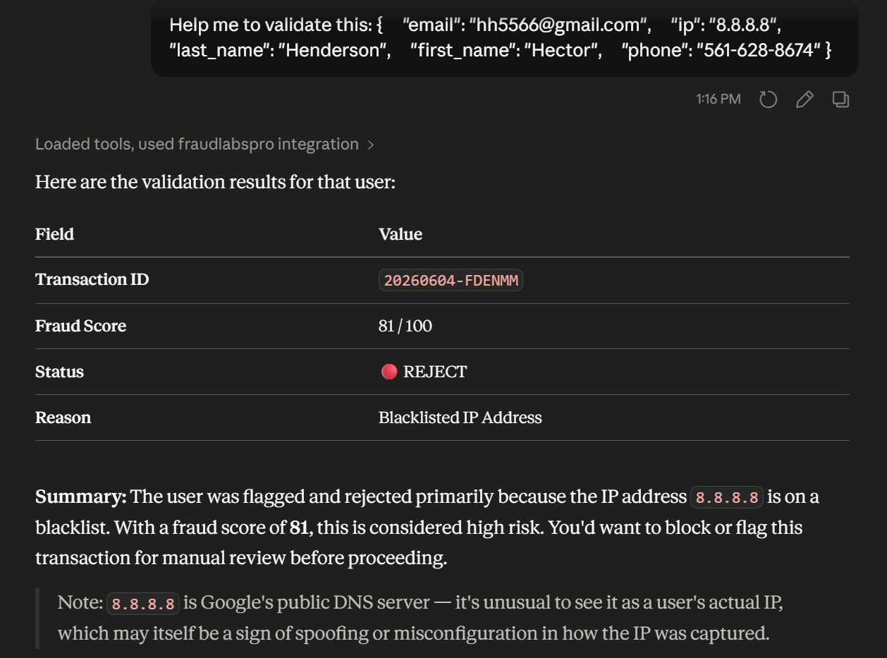 User transaction screening result in Claude