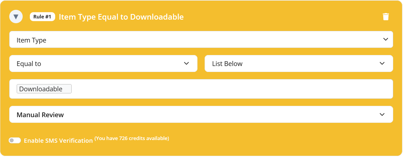 Item Type Validation Rule configuration in the Rule page