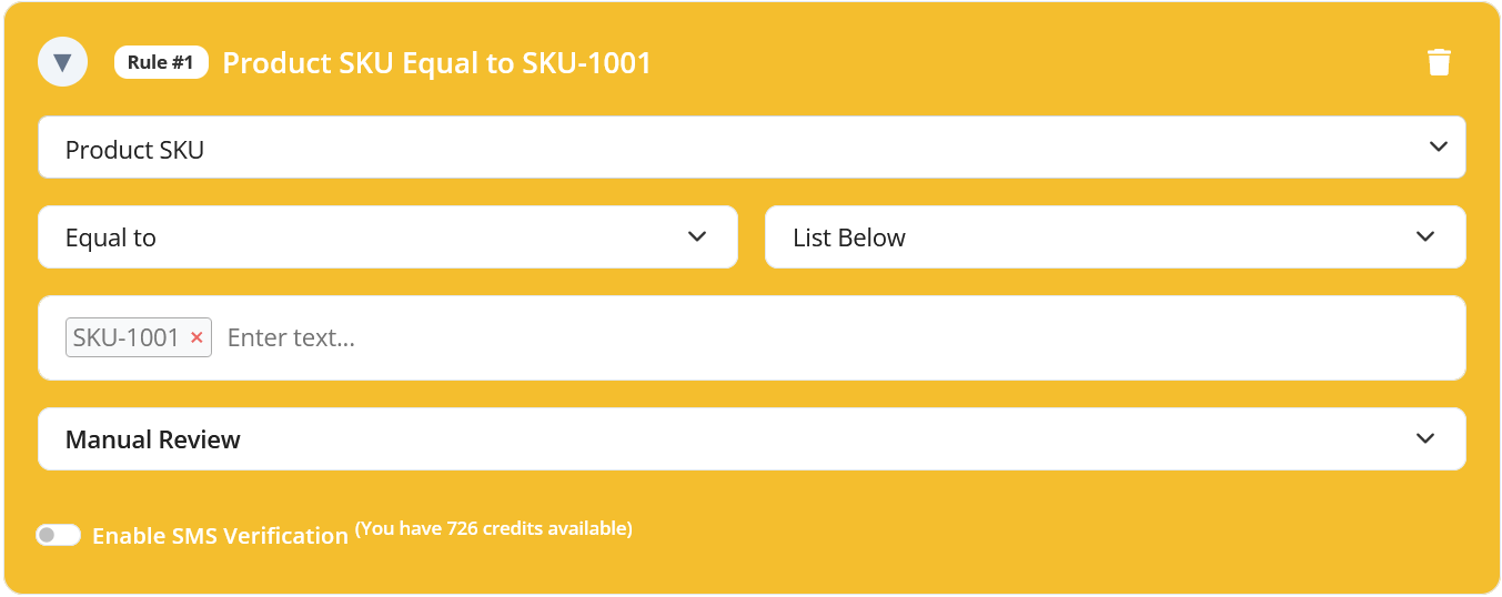 SKU Validation Rule configuration in the Rule page